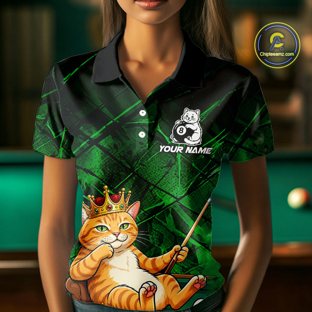 Funny Cat Crown 8 Ball Pool Billiard Shirts For Women Custom Green Grunge Billiard Polo & 1/4-Zip Jersey NYN3314