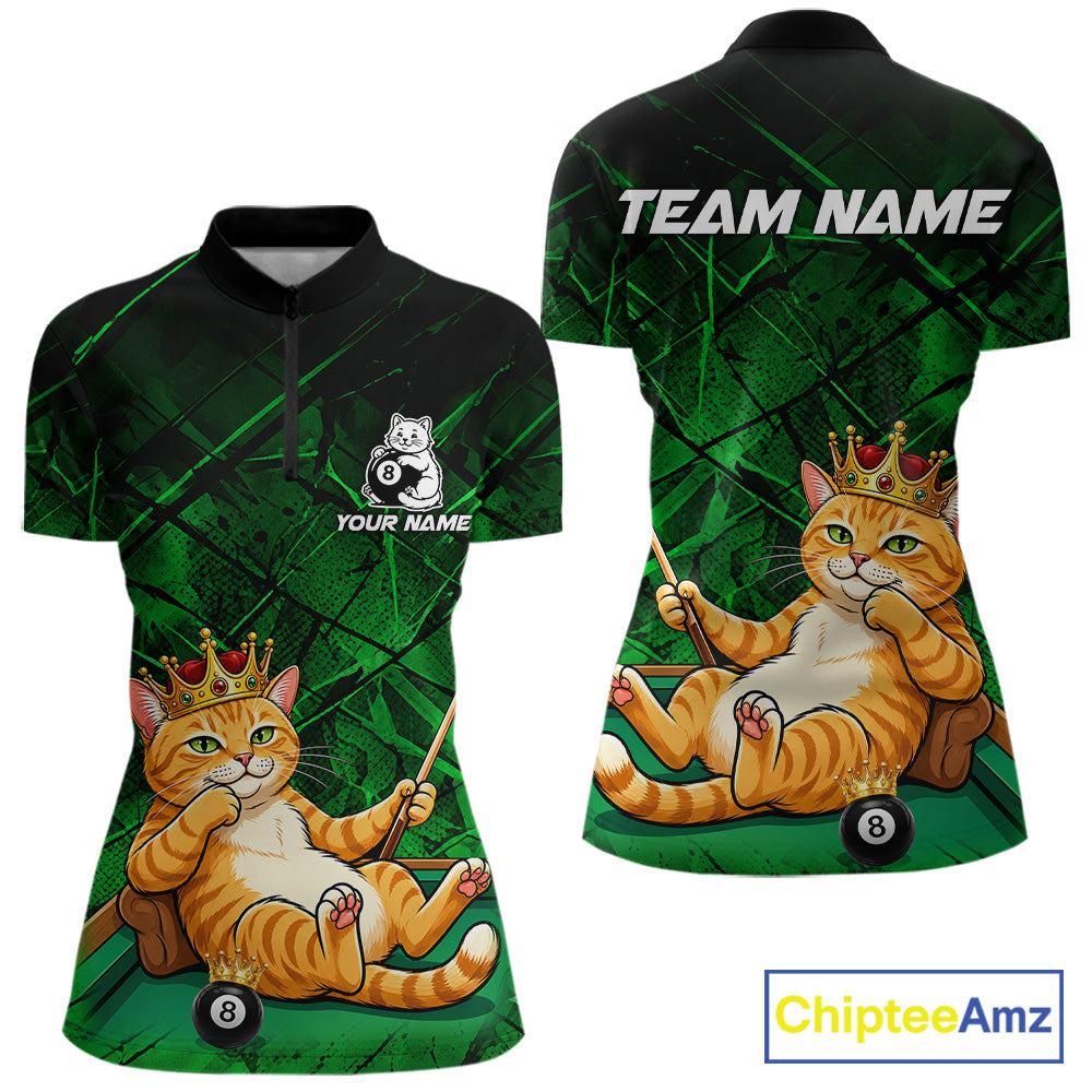 Funny cat crown 8 ball billiard 1/4-zip shirt for women green grunge pool jersey
