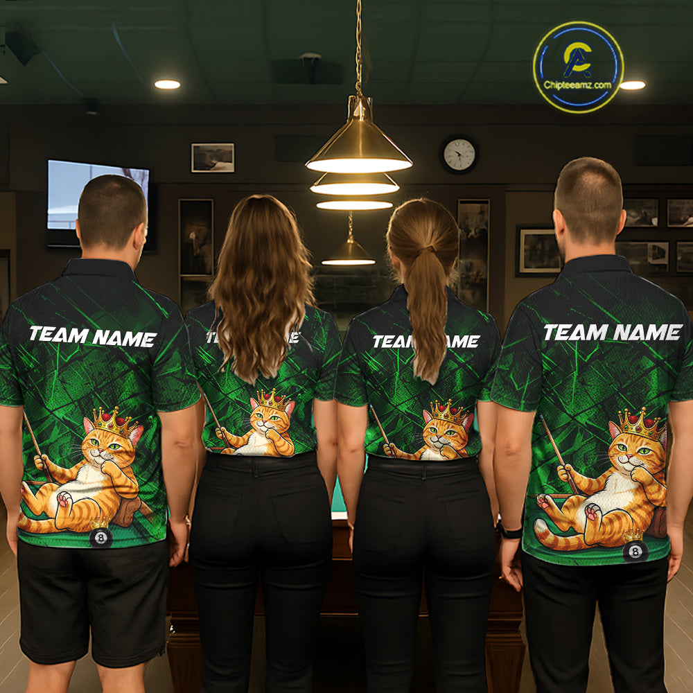 Funny Cat Crown 8 Ball Pool Billiard Shirts For Men Custom Green Grunge Billiard Polo & 1/4-Zip Jersey NYN3314