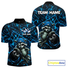 Load image into Gallery viewer, Funny cool raccoon bowling ball men's bowling quarter-zip shirt, neon blue lightning bowling jersey, custom bowling team apparel