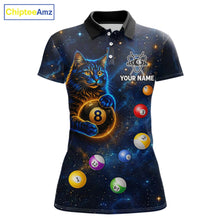 Load image into Gallery viewer, Funny Cat Galaxy Custom 8 Ball Billiard Polo &amp; 1/4-Zip Shirt For Women Blue Billiard Team Jersey NYN3132