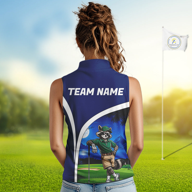 Funny Raccoon Golf Course Women Golf Shirts Upf Golf Sleeveless Shirts Custom Blue Golf Apparel NYN3318