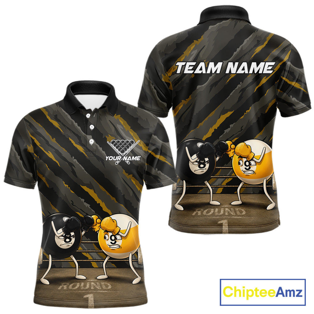 Custom Boxing 8 Ball & 9 Ball Men's Billiard Polo Shirt, Funny Pool Team Jersey, Yellow Athletic Cue Sports Apparel, Performance Tournament Uniform