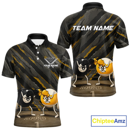 Custom Boxing 8 Ball & 9 Ball Men's Billiard Polo Shirt, Funny Pool Team Jersey, Yellow Athletic Cue Sports Apparel, Performance Tournament Uniform