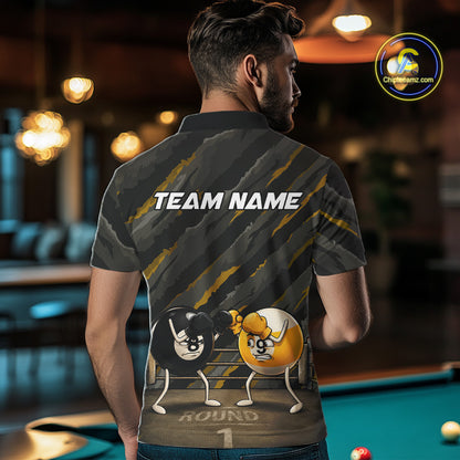Male model wearing Funny Boxing 8 Ball billiard polo shirt during league competition, personalized pool team jersey, boxing inspired athletic apparel, determination, humor