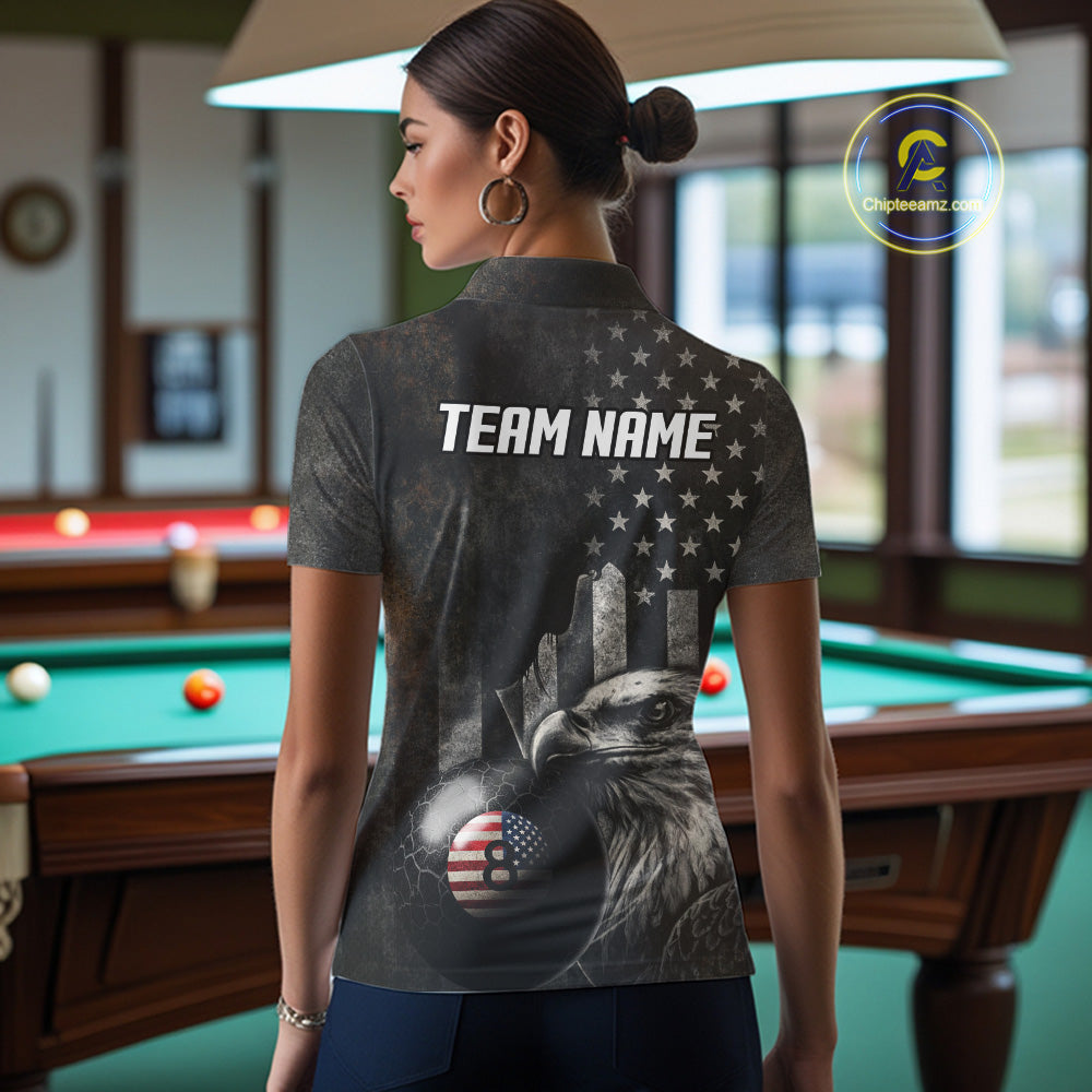 Retro Grunge US Flag Eagle Pool 8 Ball Women's Billiard Shirt Custom Patriotic Billiard Team Attire NYN2564