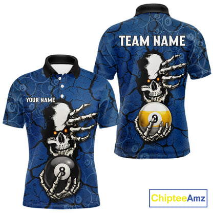 Cracked Blue Skeleton 8 Ball & 9 Ball Billiard Shirt For Men Custom Pool Billiard Polo & 1/4 Zip Jersey NYN3144