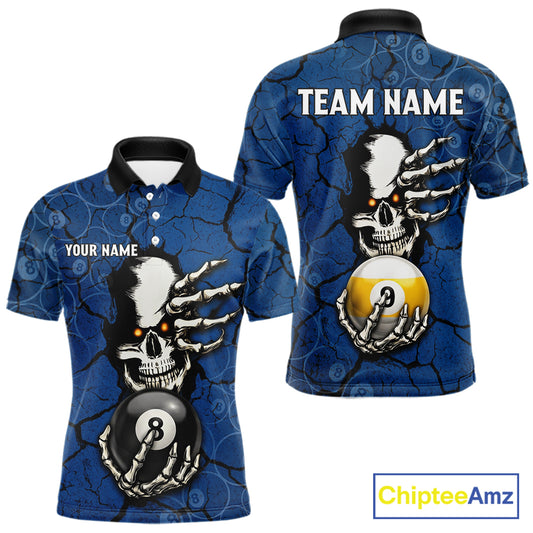 Cracked Blue Skeleton 8 Ball & 9 Ball Billiard Shirt For Men Custom Pool Billiard Polo & 1/4 Zip Jersey NYN3144