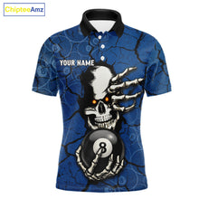Load image into Gallery viewer, Cracked Blue Skeleton 8 Ball &amp; 9 Ball Billiard Shirt For Men Custom Pool Billiard Polo &amp; 1/4 Zip Jersey NYN3144