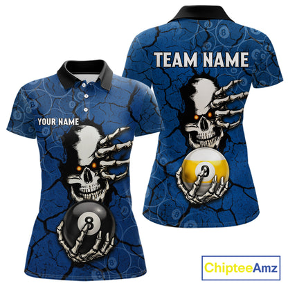 Cracked Blue Skeleton 8 Ball & 9 Ball Billiard Shirt For Women Custom Pool Billiard Polo & 1/4 Zip Jersey NYN3144