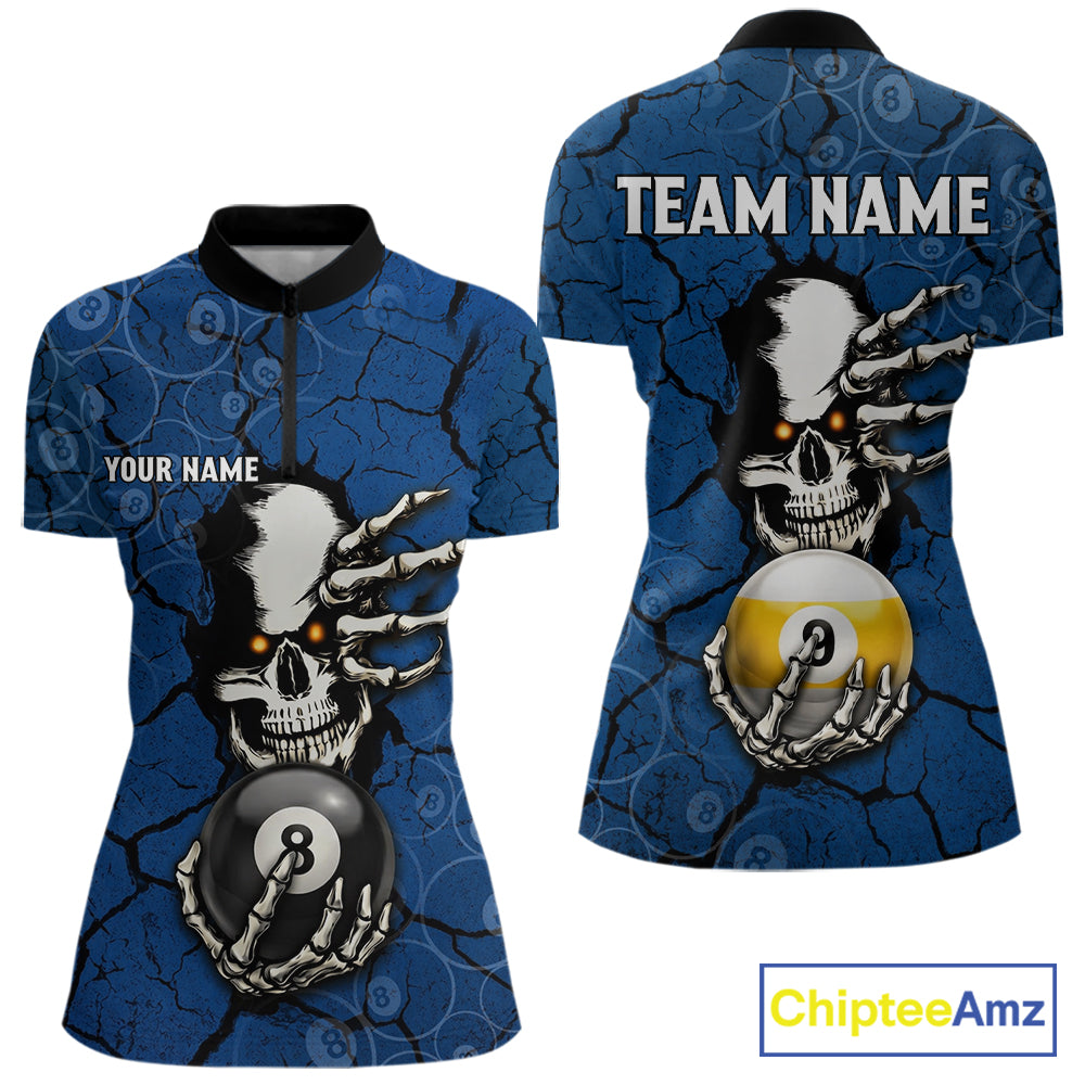 Cracked Blue Skeleton 8 Ball & 9 Ball Billiard Shirt For Women Custom Pool Billiard Polo & 1/4 Zip Jersey NYN3144