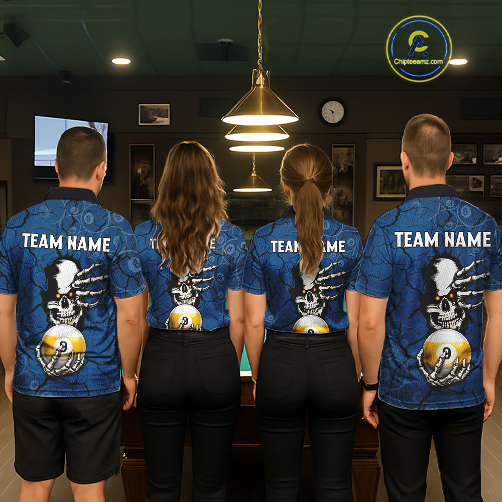 Cracked Blue Skeleton 8 Ball & 9 Ball Billiard Shirt For Women Custom Pool Billiard Polo & 1/4 Zip Jersey NYN3144