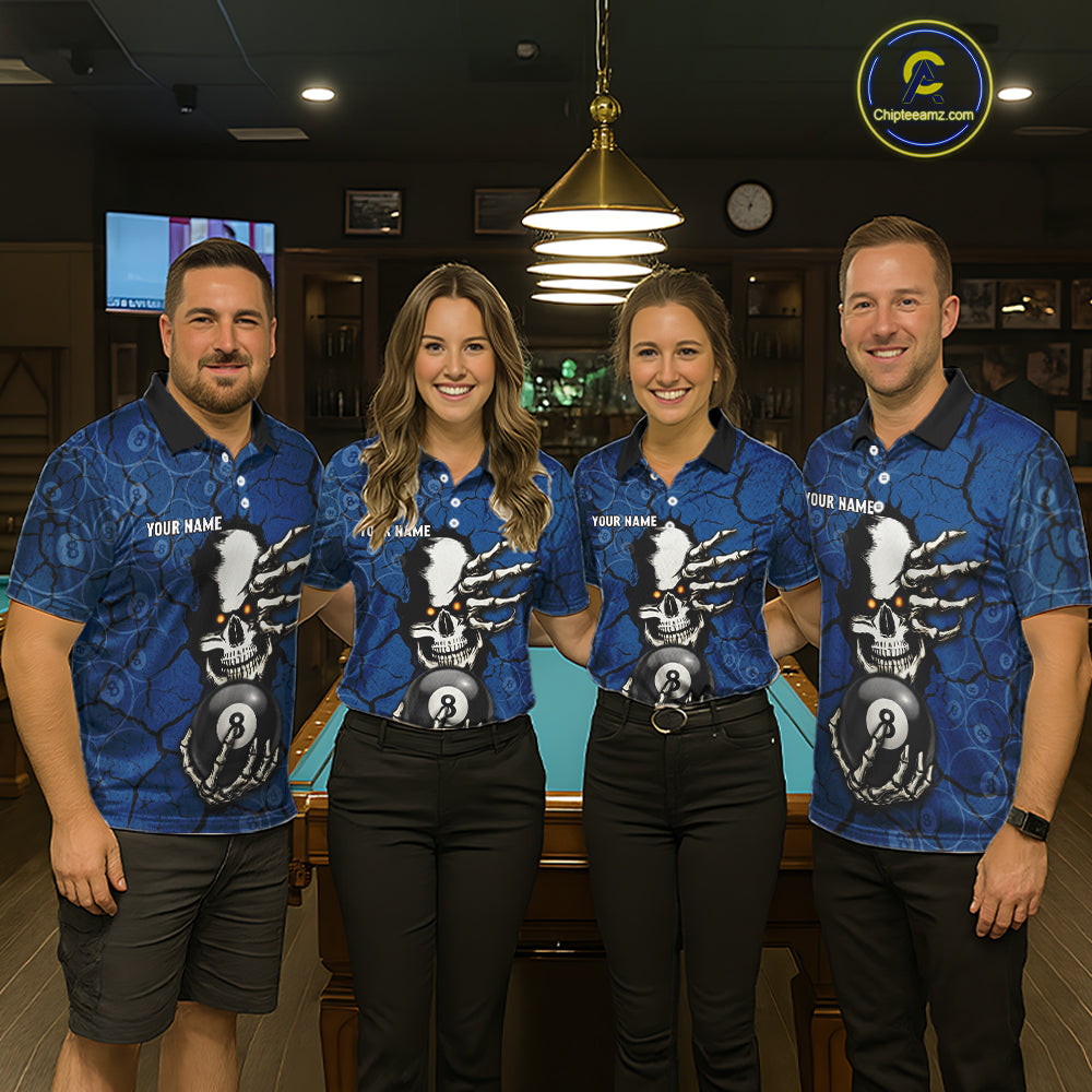Cracked Blue Skeleton 8 Ball & 9 Ball Billiard Shirt For Women Custom Pool Billiard Polo & 1/4 Zip Jersey NYN3144