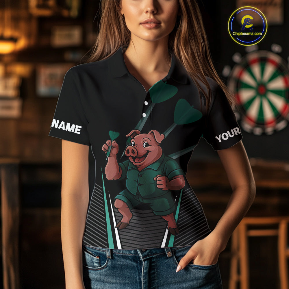 Darts Master Pig In Green Funny Darts Shirt For Women - Custom Team & Player Name NYN0363