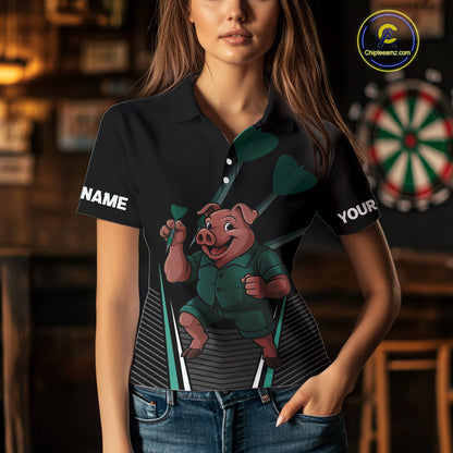 Darts Master Pig In Green Funny Darts Shirt For Women - Custom Team & Player Name NYN0363