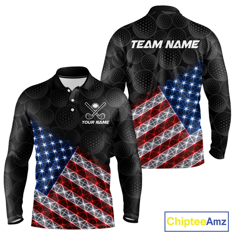 Lightning American flag golf polo long sleeve shirt for men black golf ball design
