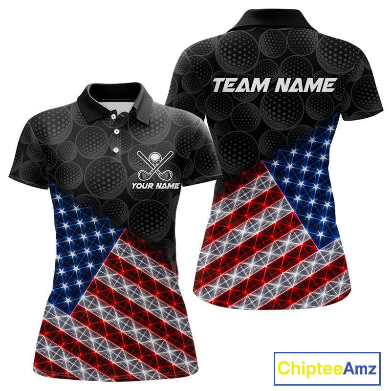 Lightning American flag golf polo shirt for women black golf ball design