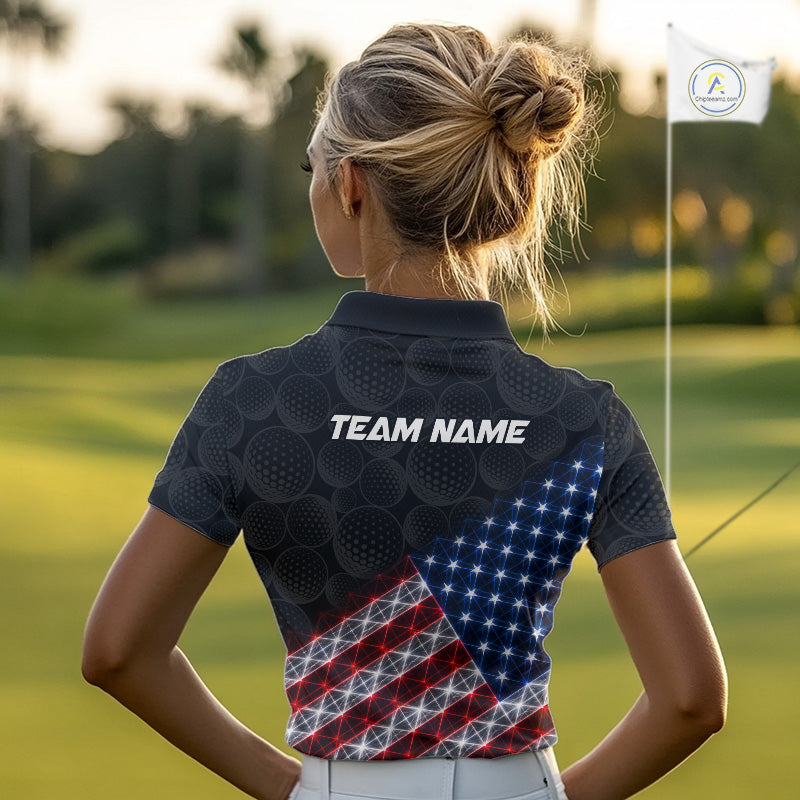 Womens Lightning US Flag Golf Polo Shirts Custom Black Golf Ball America Golf Shirt NYN3328