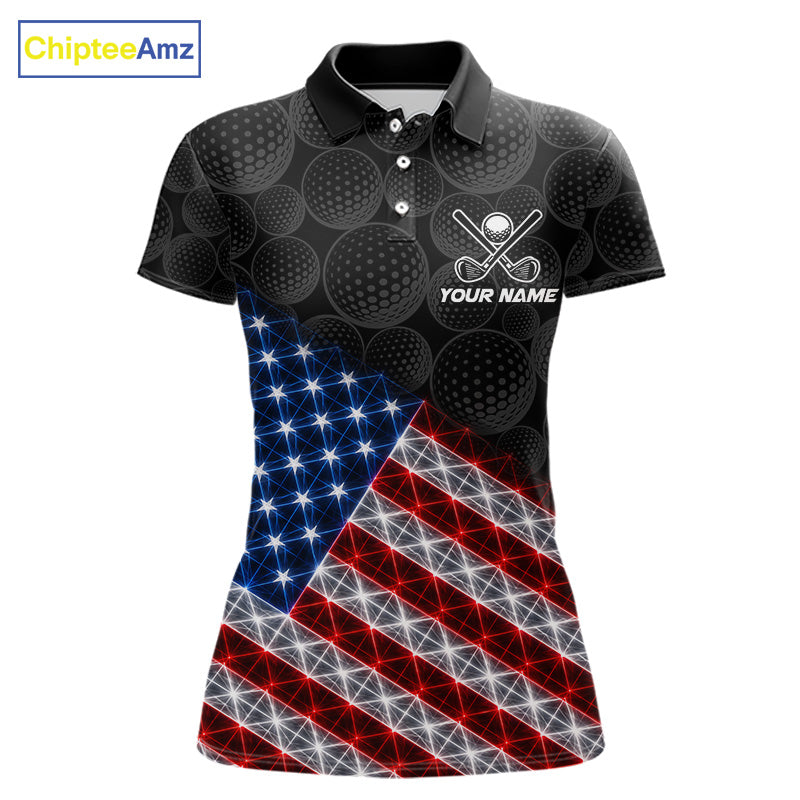 Lightning American flag golf polo shirt for women black golf ball design