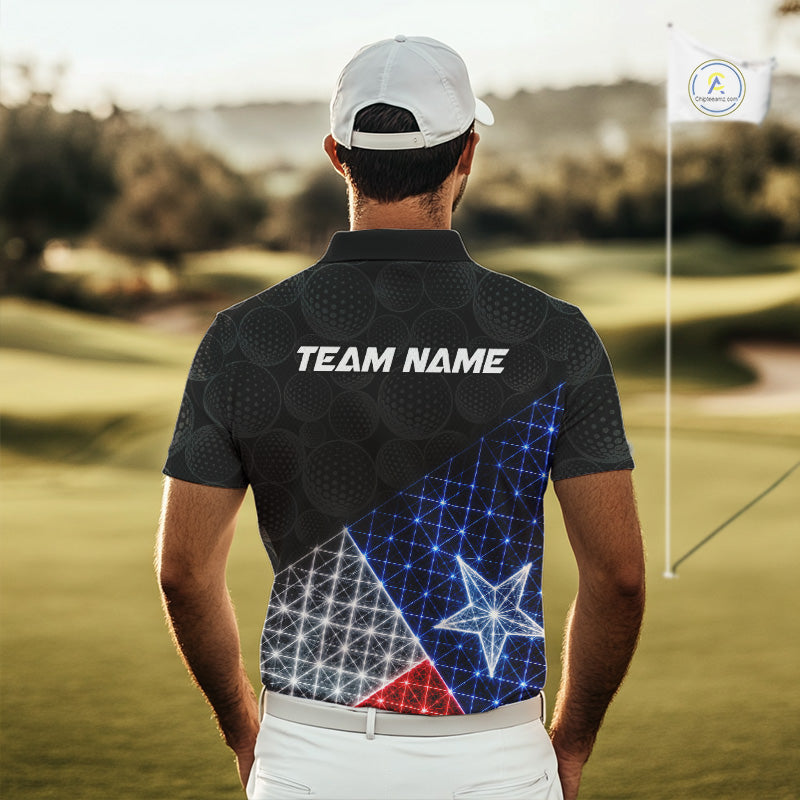 Mens Lightning Texas Flag Golf Polo Shirts Custom Black Golf Ball America Golf Shirt NYN3329