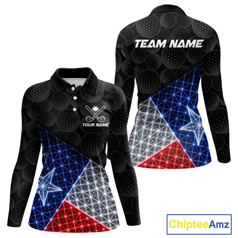 Lightning Texas flag golf polo long sleeve shirt for women black golf ball golf jersey