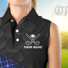 Load image into Gallery viewer, Black sleeveless golf shirt with golf ball and club design and 'Your Name' text, worn by a person on a golf course.