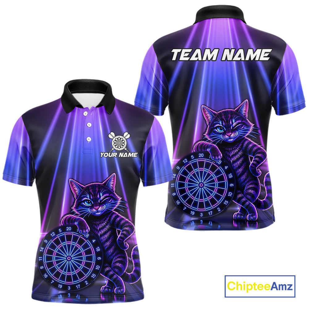 Custom Neon Purple Blue Funny Cat Men's Dart Polo Shirt, Personalized Funny Cat Dart Tournament Jersey, Athletic Team Apparel
