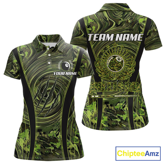 Green Camo 8 Ball Billiard Polo & 1/4 Zip Shirt For Women Custom Pool Team Shirt, Billiard Clothes NYN2941