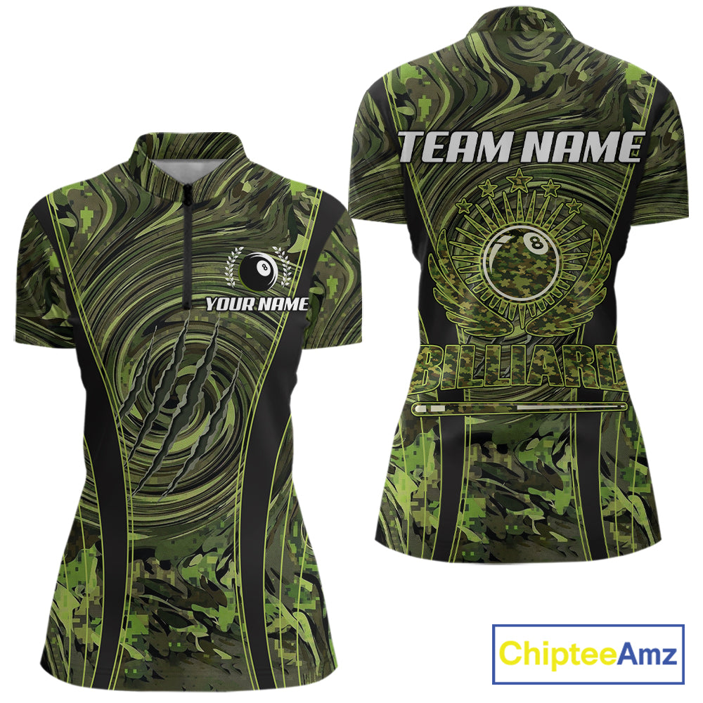 Green Camo 8 Ball Billiard Polo & 1/4 Zip Shirt For Women Custom Pool Team Shirt, Billiard Clothes NYN2941