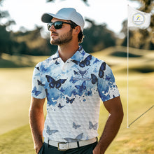Load image into Gallery viewer, White &amp; Blue Butterflies Mens Golf Polo Shirt Custom Watercolor Golf Shirts Golf Attire NYN3155