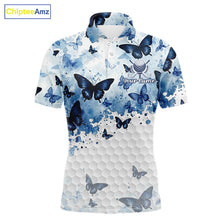 Load image into Gallery viewer, White &amp; Blue Butterflies Mens Golf Polo Shirt Custom Watercolor Golf Shirts Golf Attire NYN3155