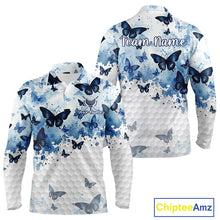 Load image into Gallery viewer, White &amp; Blue Butterflies Mens Golf Polo Shirt Custom Watercolor Golf Shirts Golf Attire NYN3155