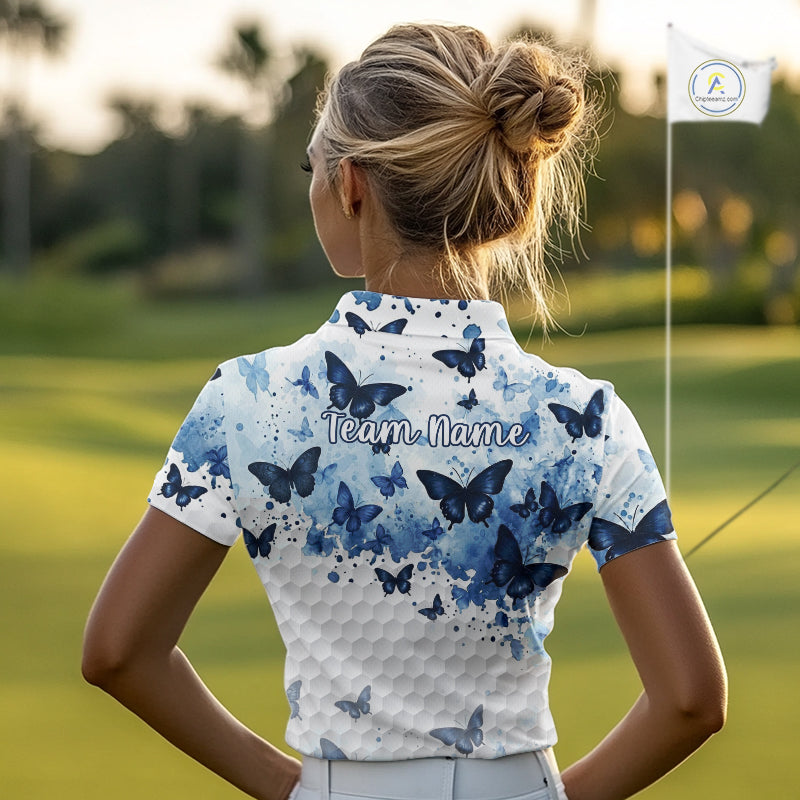 White & Blue Butterflies Womens Golf Polo Shirt Custom Watercolor Golf Shirts Golf Attire NYN3155