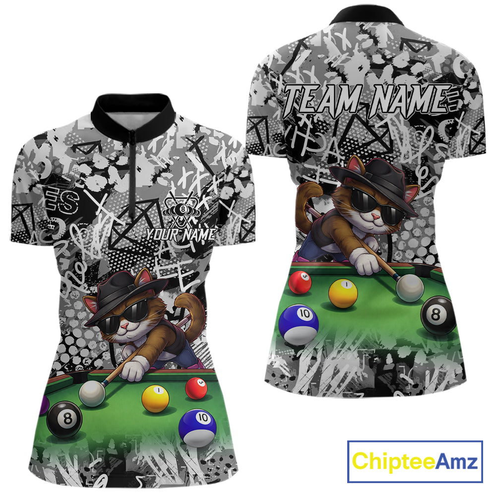 Custom Funny Pooler Cat 8 Ball Pool Billiard Shirt For Women Polo & 1/4 Zip, Billiard Team Jerseys NYN3160