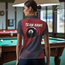 Load image into Gallery viewer, Female billiard player wearing Red Splash 8 Ball custom billiard jersey