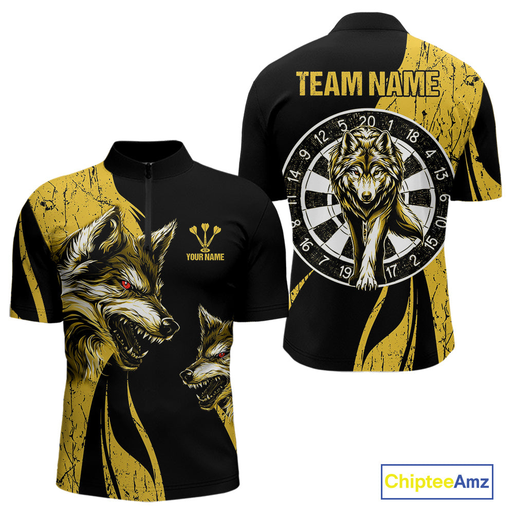 Custom Black And Yellow Wolfs Dartboards Grunge Dart Shirts For Men, Dart Team Jerseys NYN0043