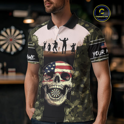 Camo US Flag Skull Skeleton Silhouette Dart Shirts For Men, Custom Dart Jerseys NYN0046