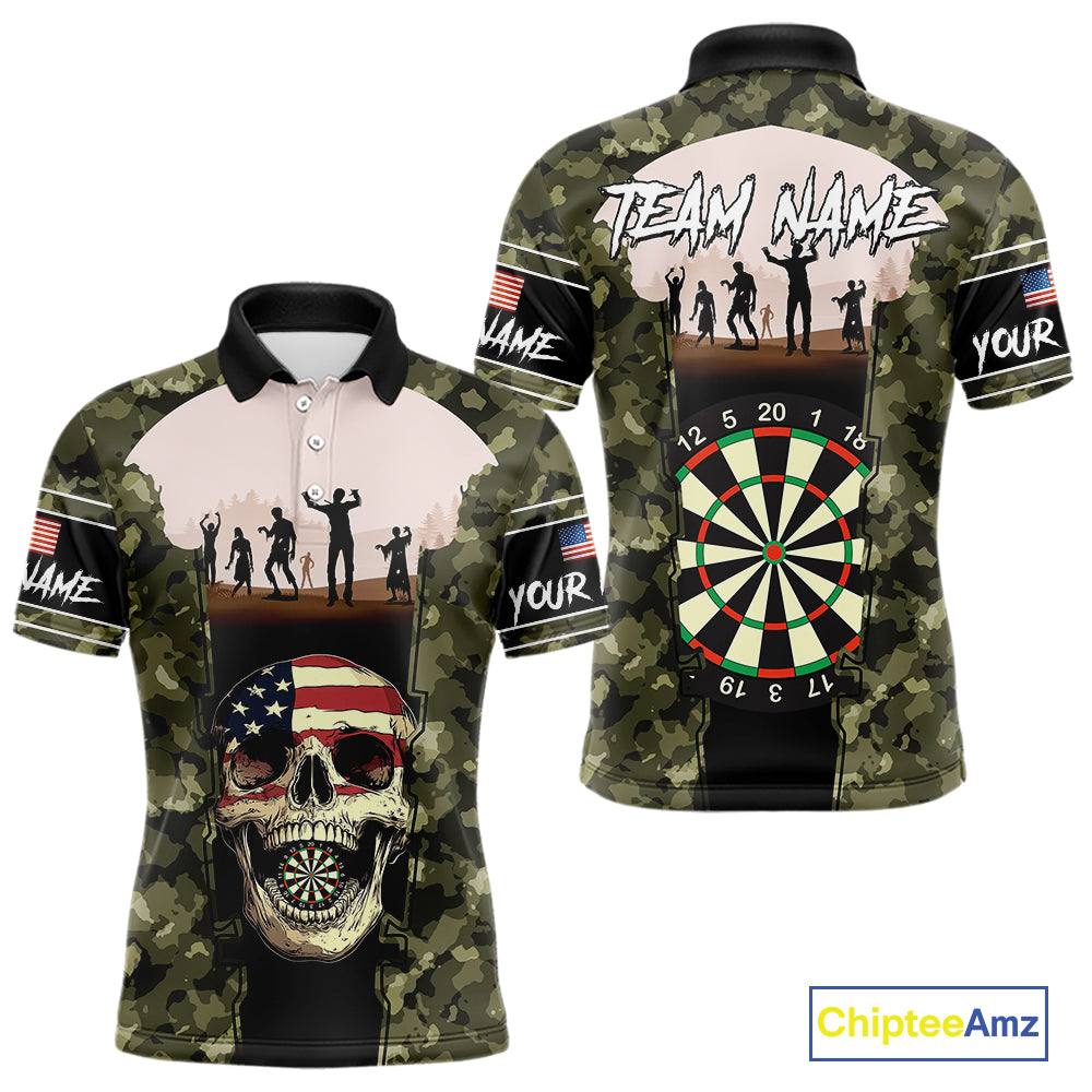 Camo US Flag Skull Skeleton Silhouette Dart Shirts For Men, Custom Dart Jerseys NYN0046