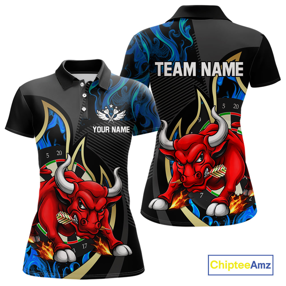 Personalized Bull Blue Flames Darts Polo & 1/4-Zip Shirt For Women Funny Dart Team Dart Jerseys NYN2963