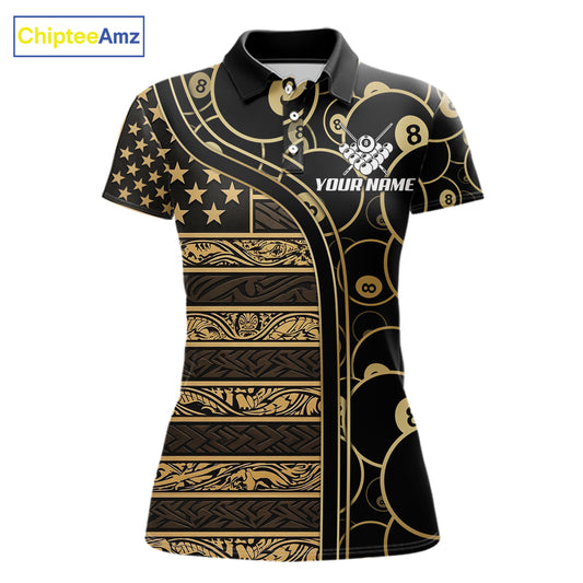 Black & Gold Tribal 8 Ball Pool Shirts Custom Women Billiard Polo & 1/4 Zip Shirt Billiard Team Jerseys NYN2970