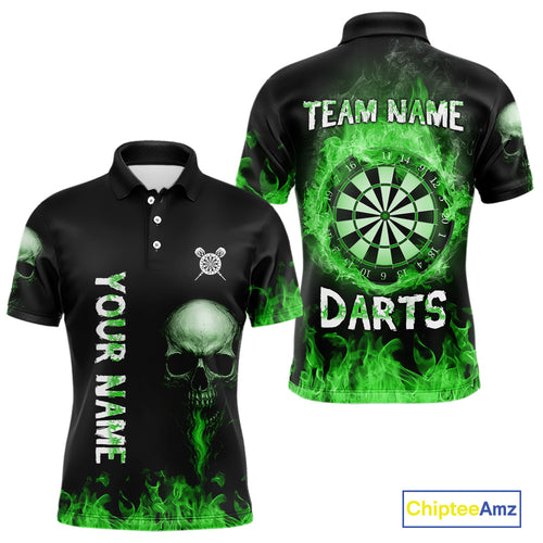 Custom Green Fire Skull Multi-Flame Dartboard Dart Men Polo Shirts, Dart Team Jerseys NYN1555