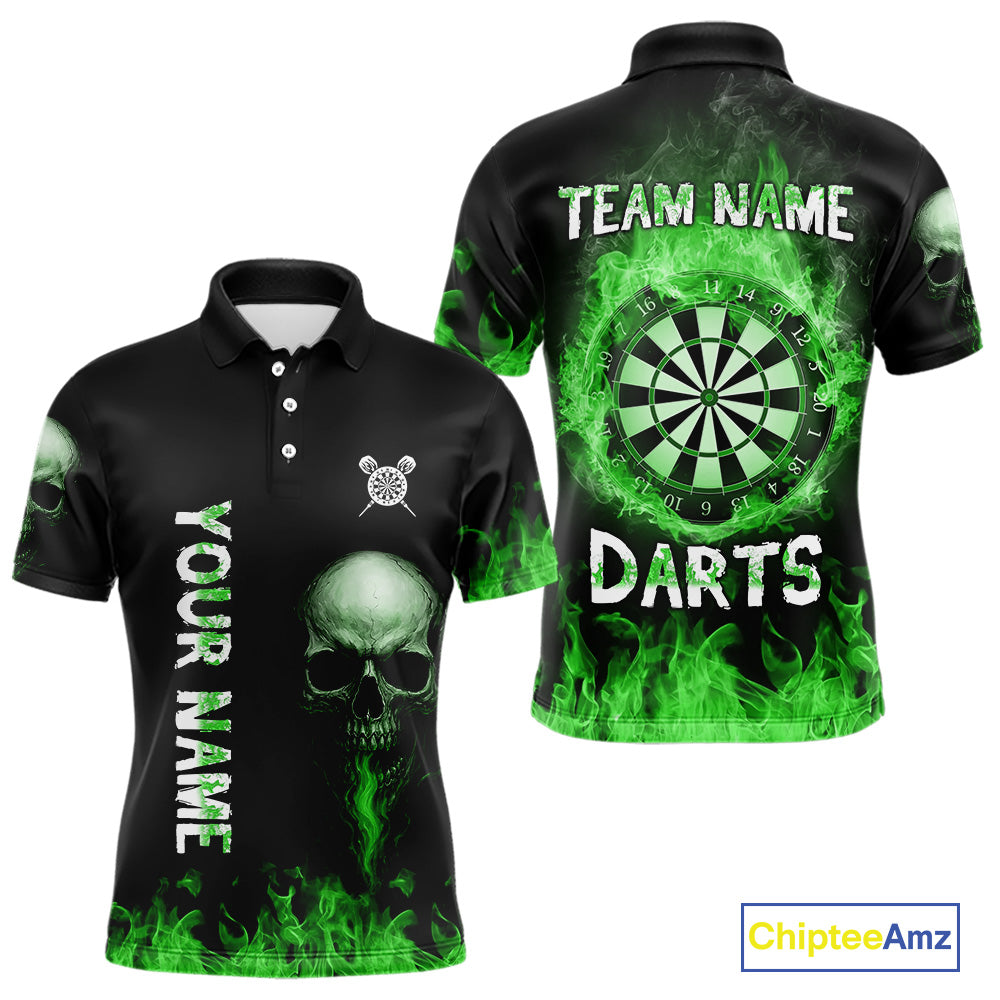 Custom Green Fire Skull Multi-Flame Dartboard Dart Men Polo Shirts, Dart Team Jerseys NYN1555