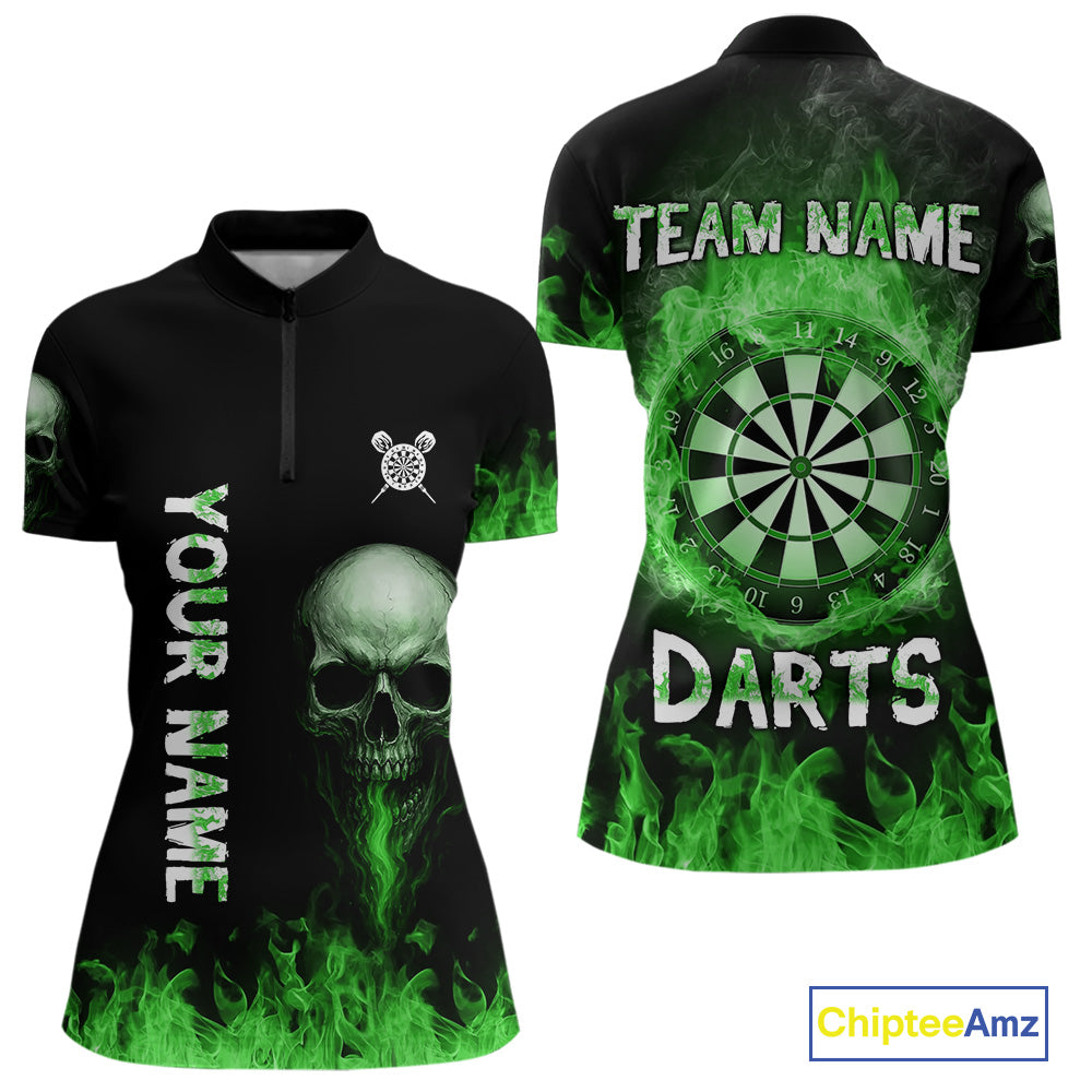 Custom Green Fire Skull Multi-Flame Dartboard Dart Women Quarter-Zip Shirts, Dart Team Jerseys NYN1555