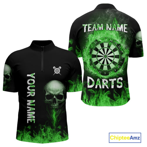 Custom Green Fire Skull Multi-Flame Dartboard Dart Men Quarter-Zip Shirts, Dart Team Jerseys NYN1555