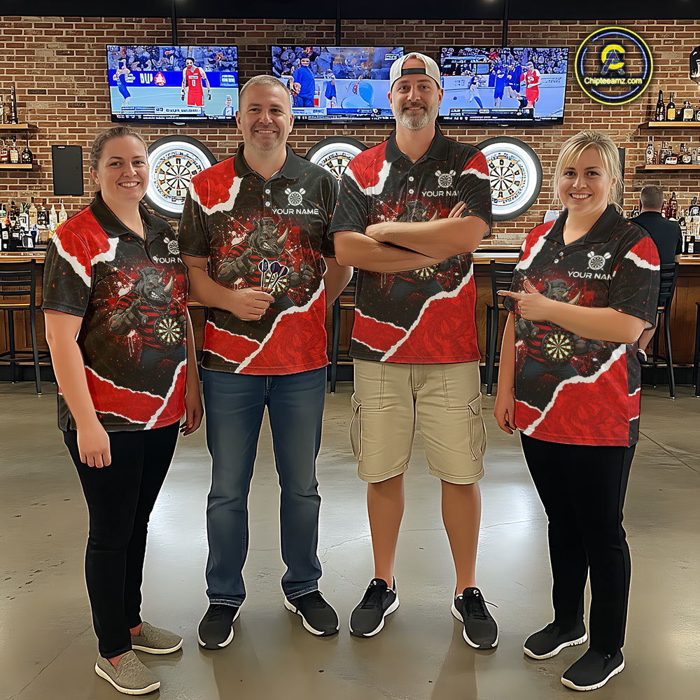 Black & Red Splatter Rhino Women Darts Polo Shirt Custom Funny Team Dart League Jerseys NYN2067