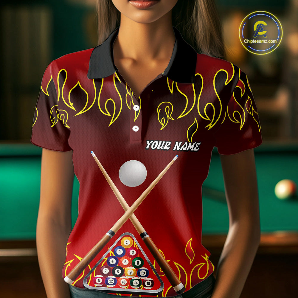 Custom Fire Flame 8 Ball Women's Billiard Shirts Personalized Billiard Attire Gifts | Red NYN2321
