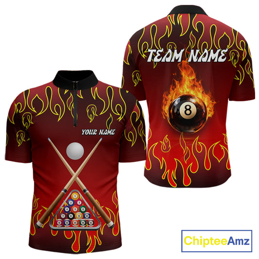 Custom Fire Flame 8 Ball Men's Billiard Shirts Personalized Billiard Attire Gifts | Red NYN2321