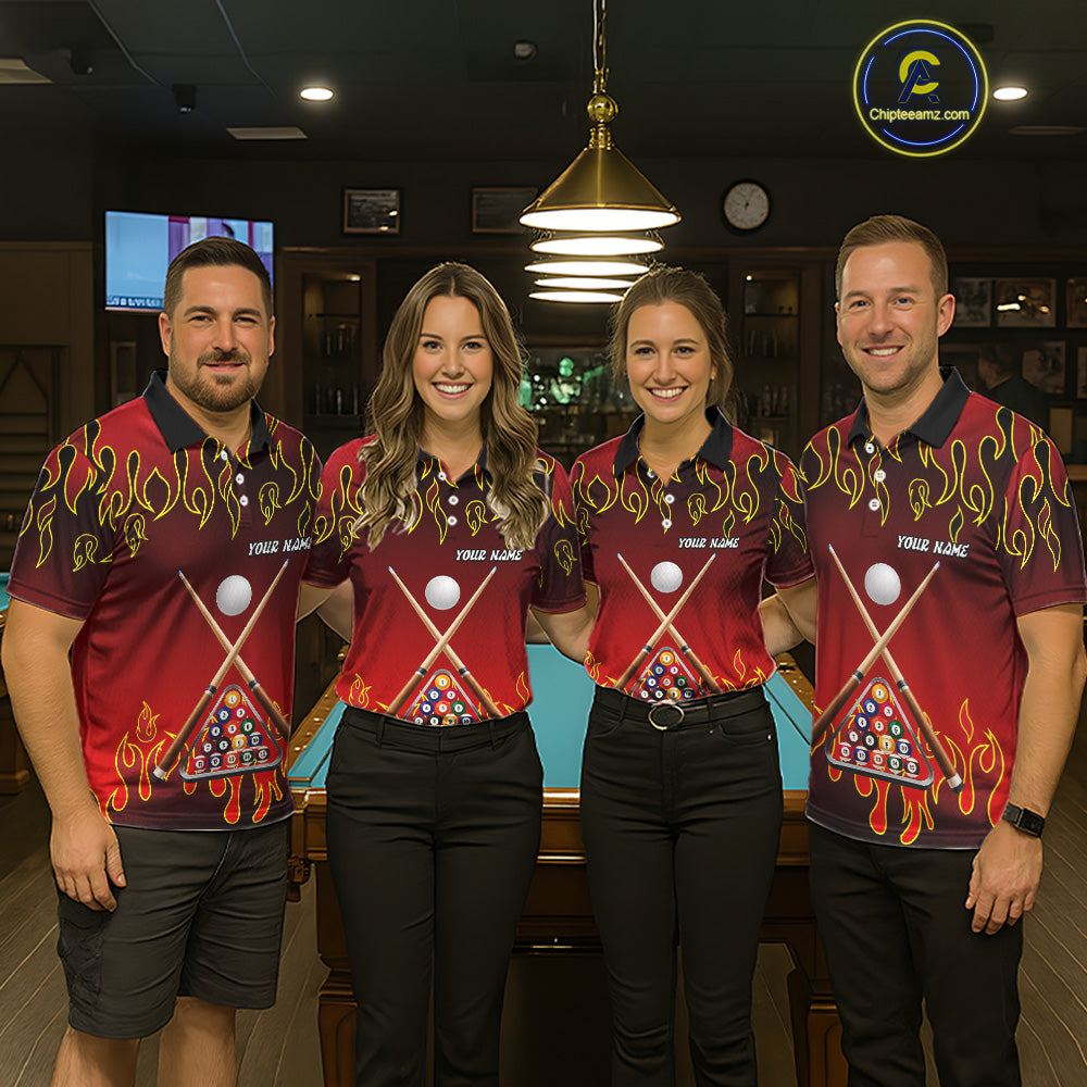 Custom Fire Flame 8 Ball Women's Billiard Shirts Personalized Billiard Attire Gifts | Red NYN2321
