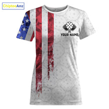Load image into Gallery viewer, Custom American flag patriotic pickleball tshirt for women colorful splatter pickleball jersey white