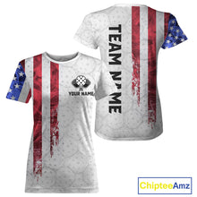 Load image into Gallery viewer, Custom American flag patriotic pickleball tshirt for women colorful splatter pickleball jersey white
